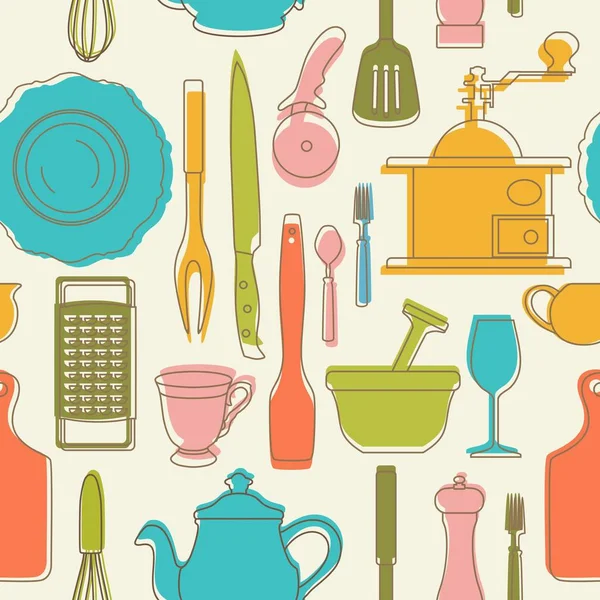 Patrón sin costuras con utensilios de cocina de color. Ilustración vectorial . — Archivo Imágenes Vectoriales