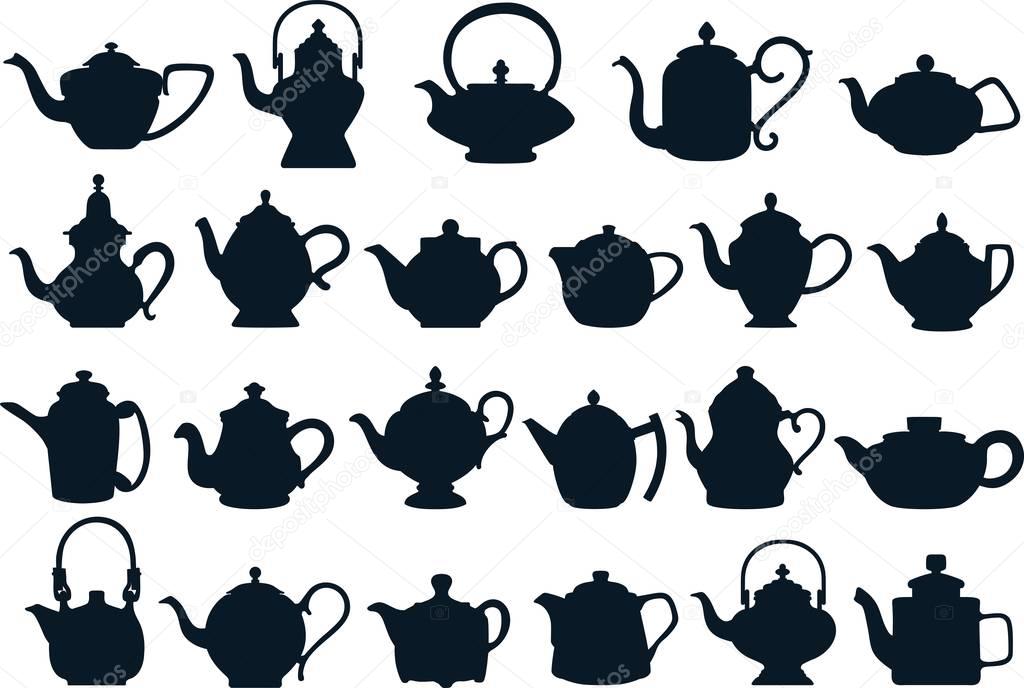 Set of different silhouettes kettles on white background. Vector illustration.