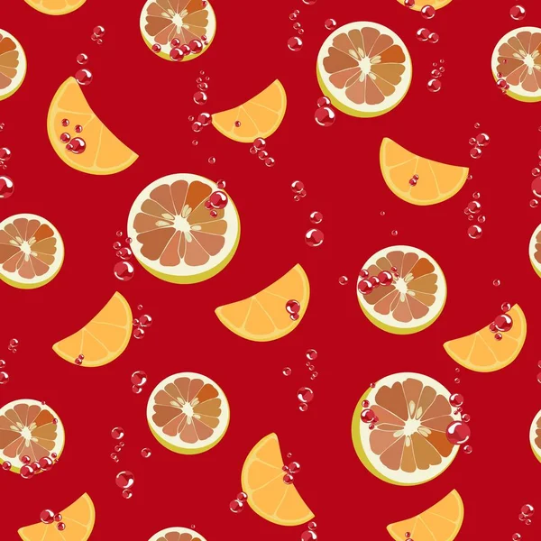 炫彩无缝花纹与柑橘片红色背景上。矢量. — 图库矢量图片