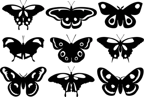 Conjunto de siluetas de mariposas aisladas sobre fondo blanco. Ilustración vectorial . — Archivo Imágenes Vectoriales