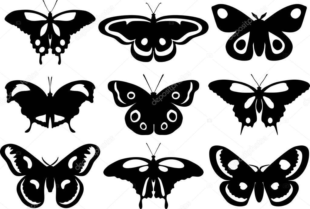 Set of silhouettes butterflies isolated on white background. Vector illustration.