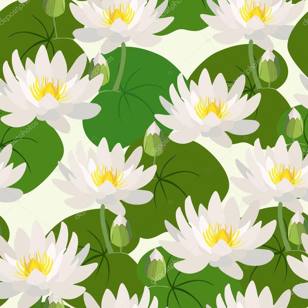 Seamless pattern with lotus flowers and leaves. Vector illustration.