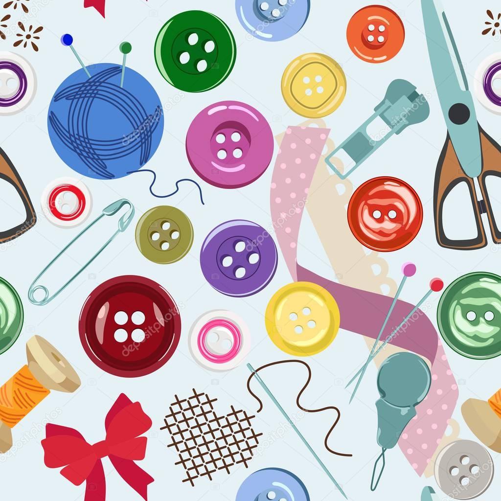 Seamless pattern with bright buttons and sewing accessories. Vector illustration.