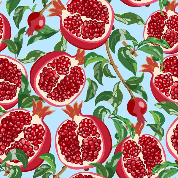 Seamless pattern with ripe pomegranates and leaves. Vector illustration — Stock Vector