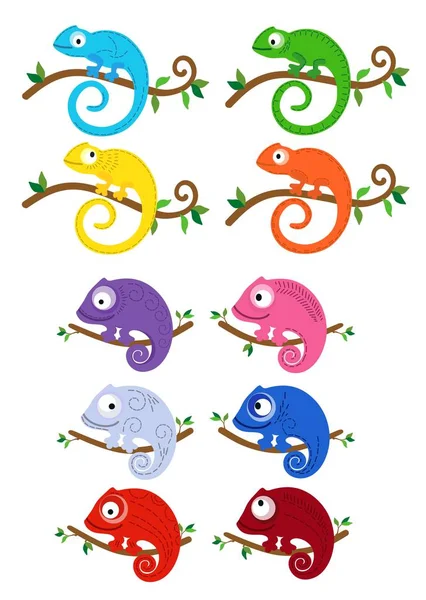 Conjunto de camaleones multicolores en ramas. Ilustración vectorial . — Archivo Imágenes Vectoriales
