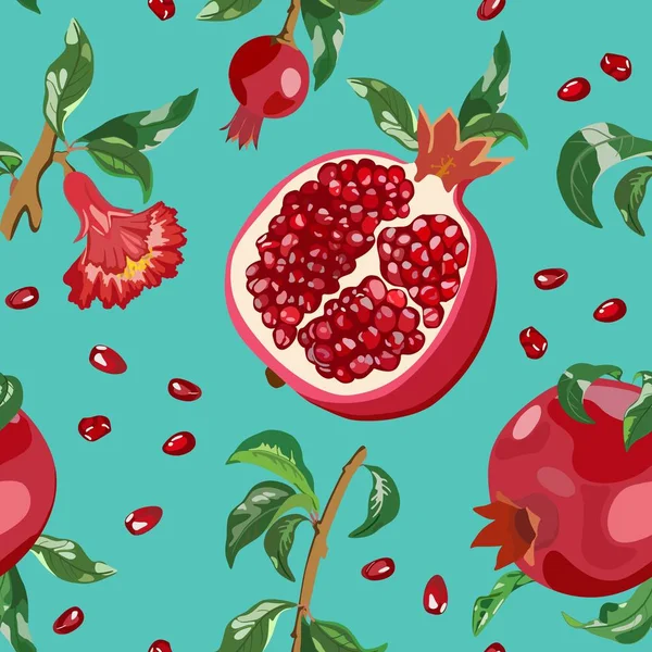 Kırmızı Garnet ve yaprakları ile Seamless modeli. Vektör çizim