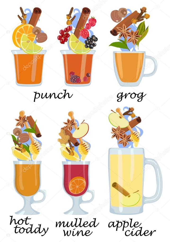 Set of hot alcoholic cocktails on white background.. Vector illustration.