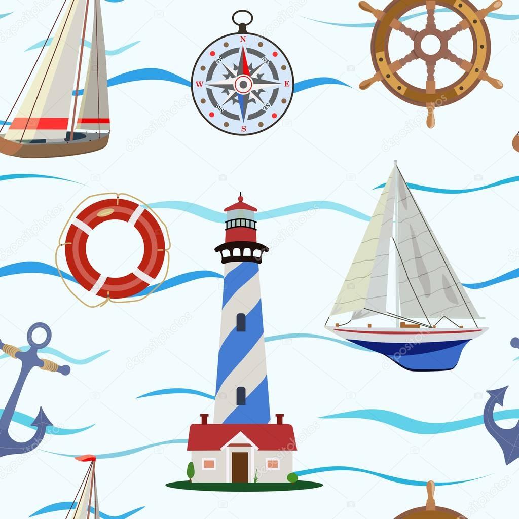 Seamless pattern on the sea and sailing theme. Vector illustration.