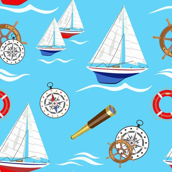 Seamless pattern on marine theme and sailboats. Vector illustration. — Stock Vector