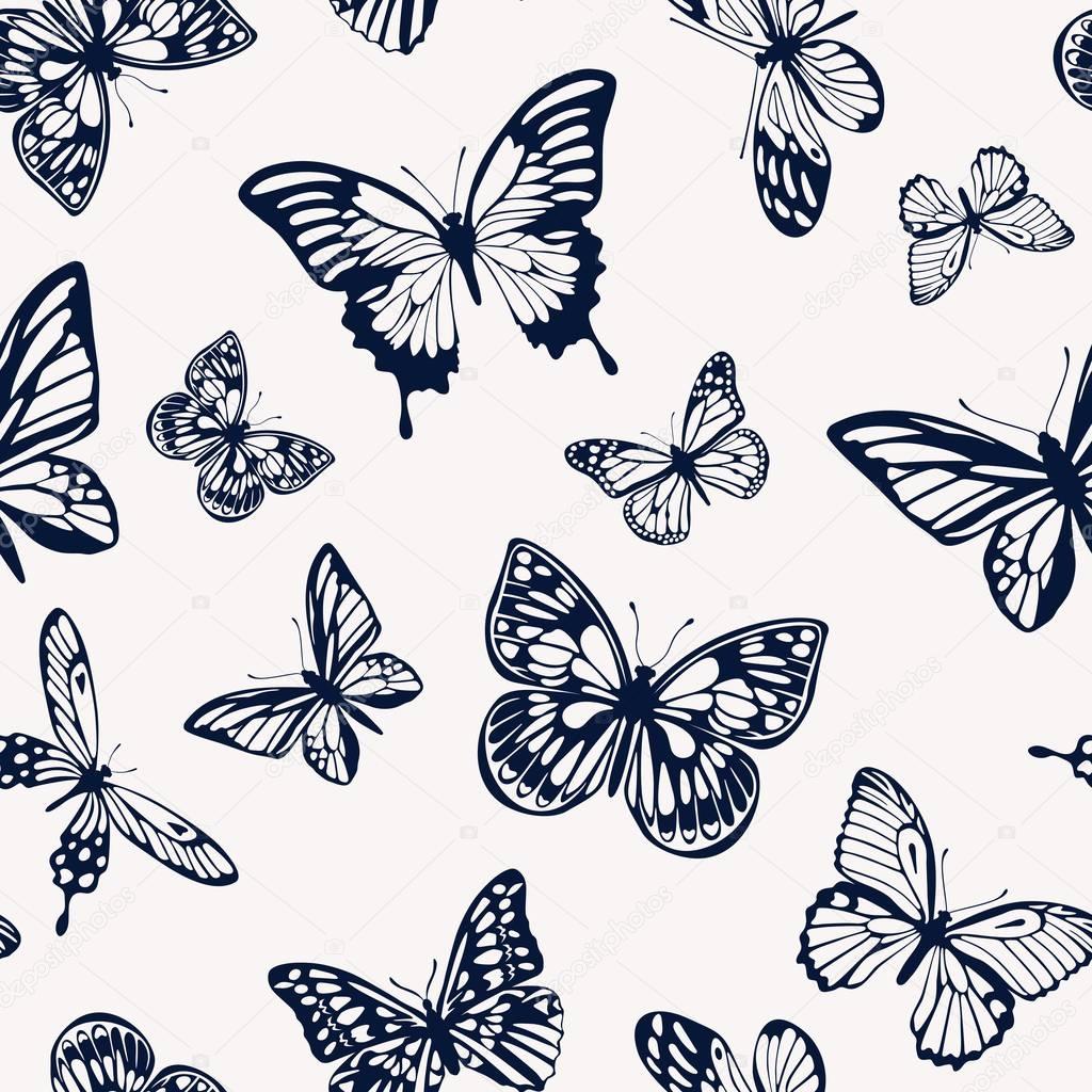 Seamless two-tone pattern with silhouettes of butterflies. Vector illustration.
