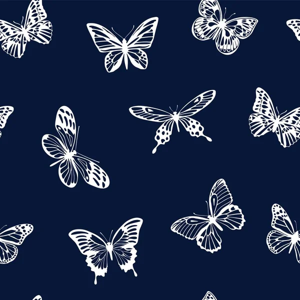 Patrón con siluetas blancas de mariposas sobre fondo azul. Vector . — Archivo Imágenes Vectoriales