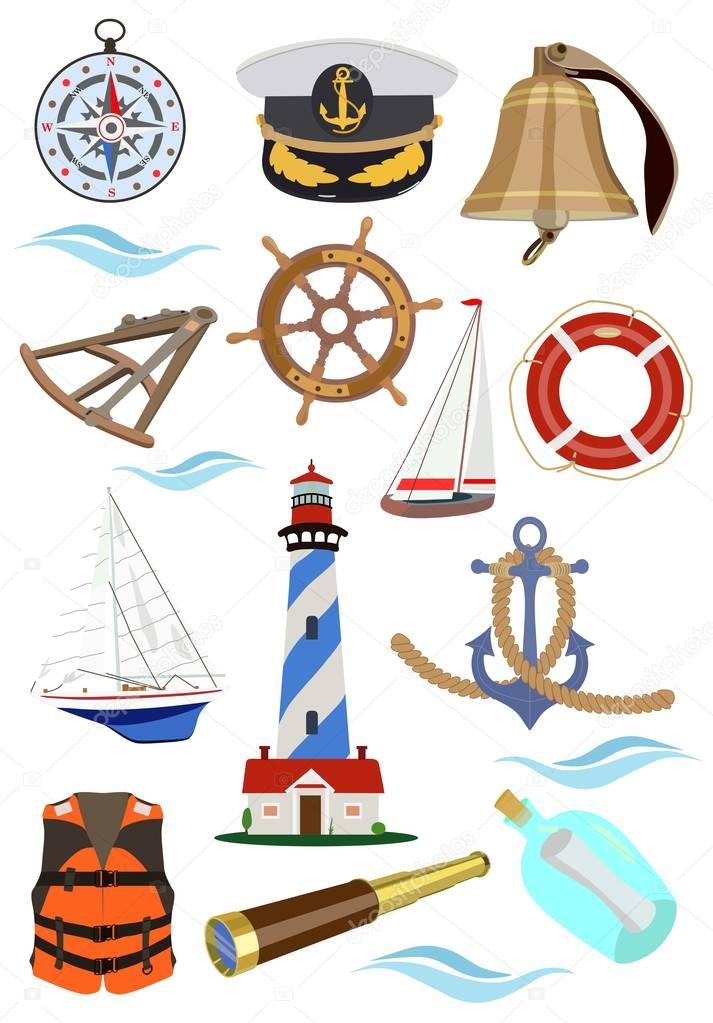 Set of accessories for ships and yachts. Vector illustration.