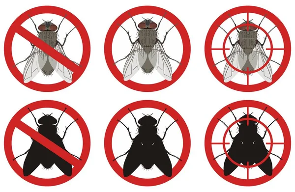 Stop znaki mucha. Ustaw znaki kontroli szkodników. Ilustracja wektorowa. — Wektor stockowy