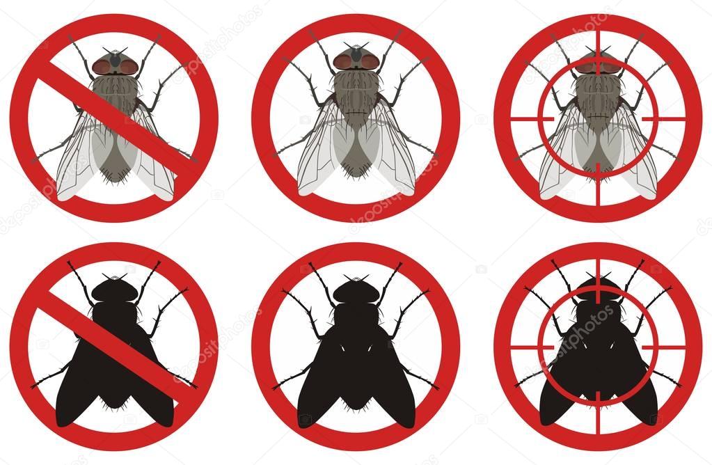 Warning stop sign with a color image of a fly and its black silhouette inside a red sign on a white background. Fighting insect pests.