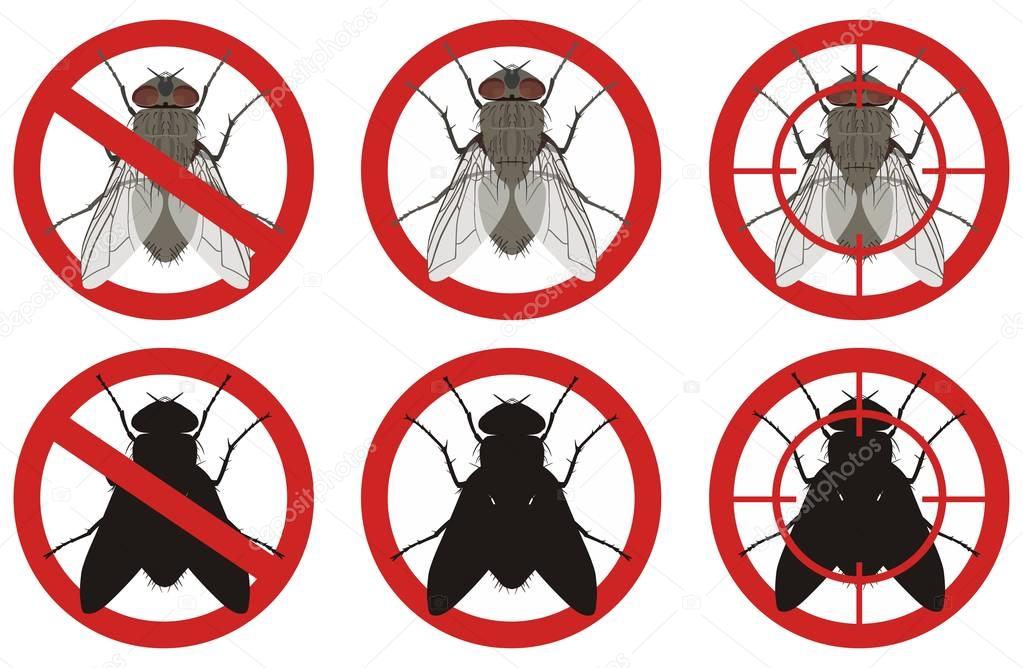 Stop fly signs. Set signs of pest control. Vector illustration.