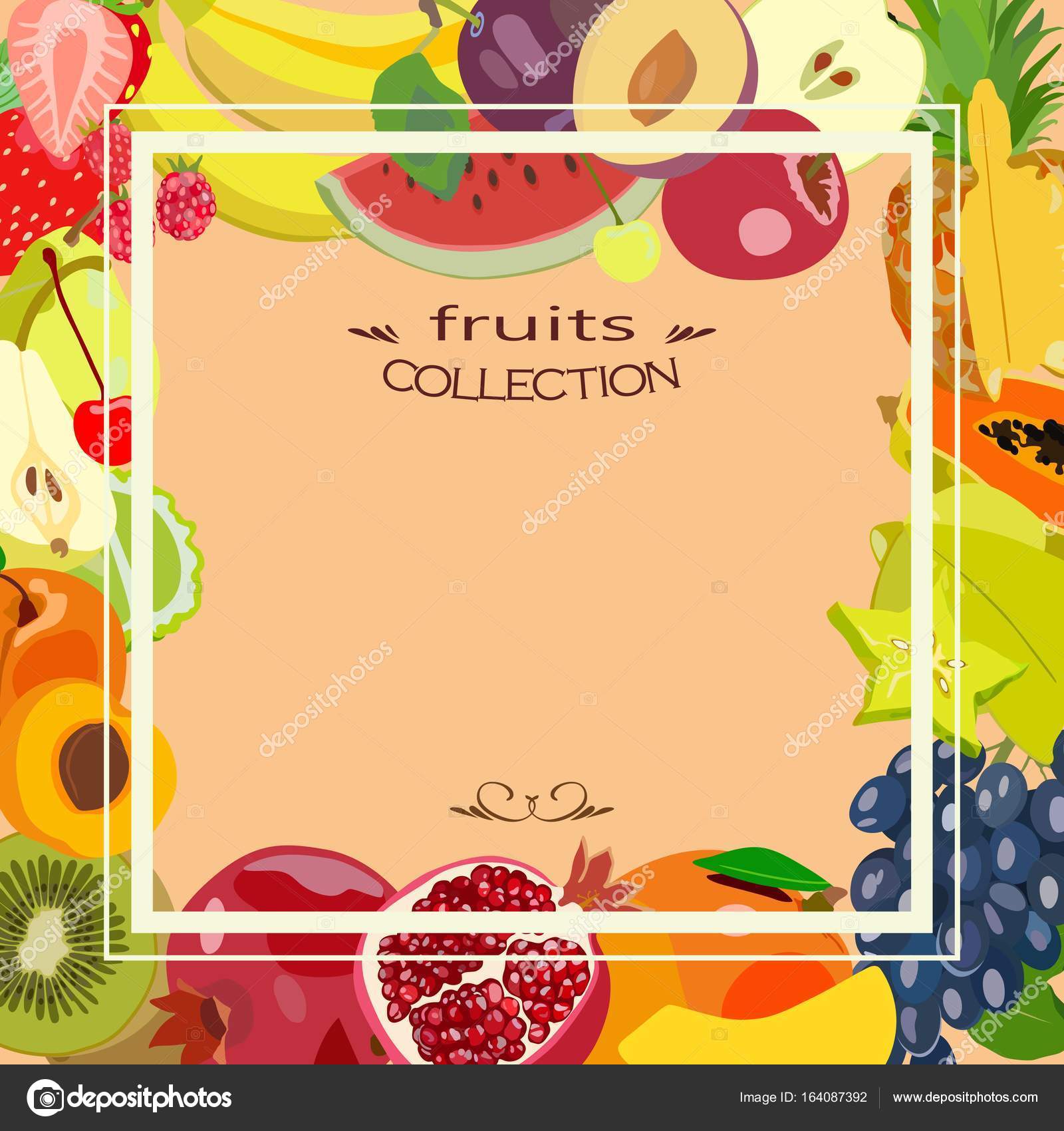 Disegno con diversi tipi di frutta e posto per il vostro testo vettoriale Pu² essere un immagine di sfondo per il cartellino del prezzo un poster