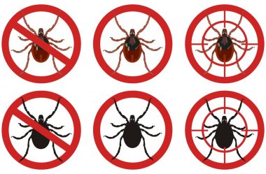 Mite işaretler durdurmak. Böcek haşere kontrol işaretleri kümesi. Vektör çizim.