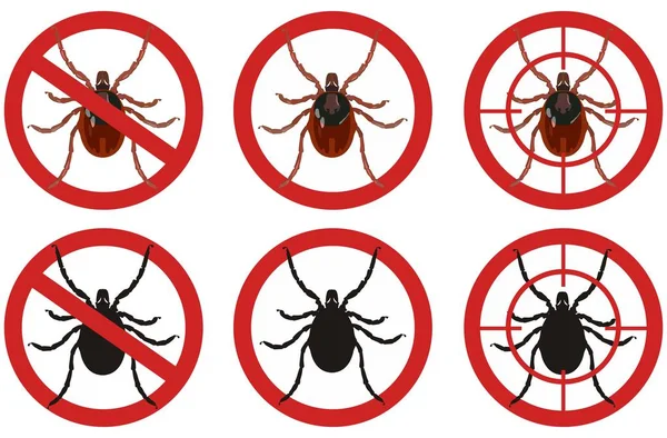 Detener signos de ácaros. Conjunto de señales de control de plagas de insectos. Ilustración vectorial . — Vector de stock