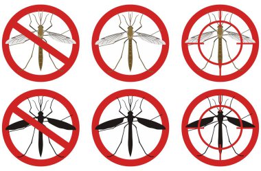 Sivrisinek işaretler durdurmak. Böcek haşere kontrol işaretleri kümesi. Vektör çizim.