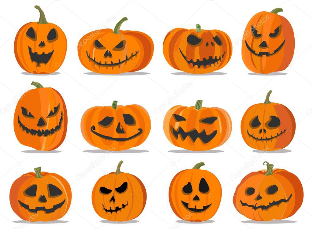 Collection of pumpkins with emotions for Halloween. Vector illustration.