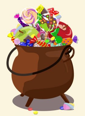 Melon tatlılar, elma, çikolata ile dolu. Sembol Cadılar Bayramı. Vektör çizim.