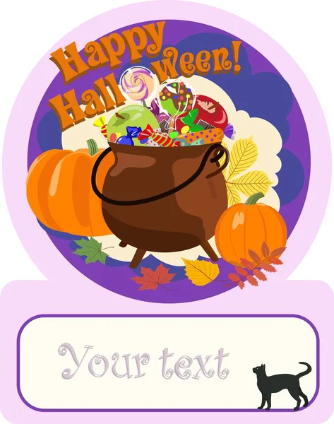 Cartel de feliz halloween con olla llena de dulces. Vector . — Vector de stock