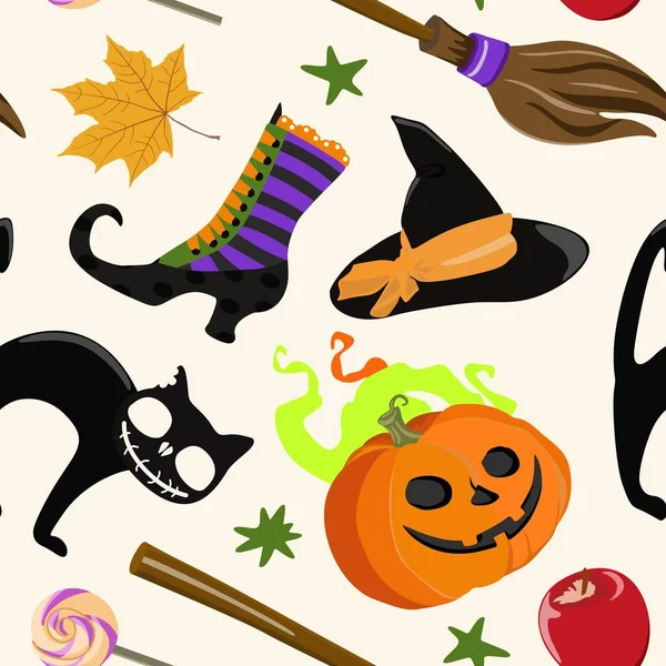 Patrón sin costuras con atributos de Halloween multicolores. Ilustración vectorial . — Vector de stock