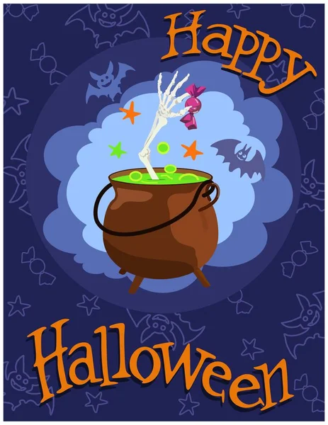 Caldero con mano de esqueleto y caramelo. Feliz Halloween. Vector . — Vector de stock