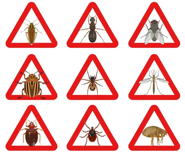 Conjunto de señales de advertencia roja sobre insectos dañinos.. Ilustración vectorial — Vector de stock