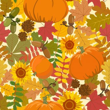 Pattern with autumn leaves, pumpkin, acorns and sunflower. Vector illustration. clipart