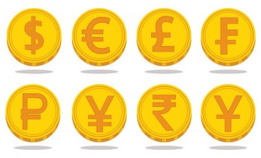 Para birimi simgeleri ile simgeler koleksiyonu. Vektör çizim