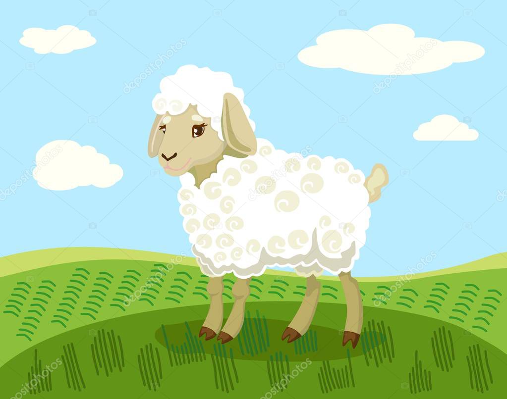 Painted white lamb on a green field. Vector illustration.
