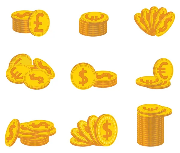 Conjunto de monedas de oro plegadas. Moneda. Ilustración vectorial . — Vector de stock