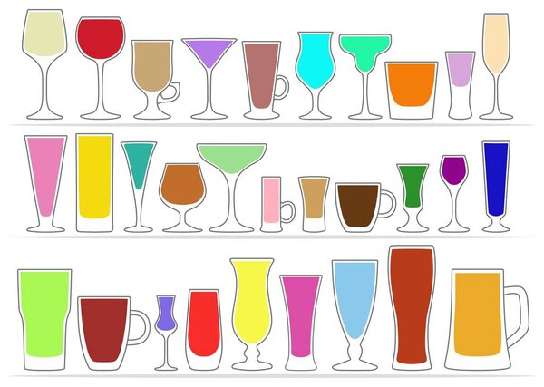 Collection icons of glasses with colored drinks. Vector illustration