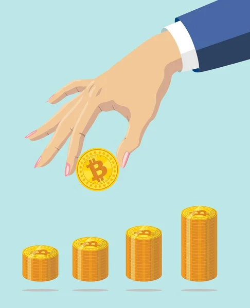 Gold bitcoin in woman's hand. Vector illustration — Stock Vector