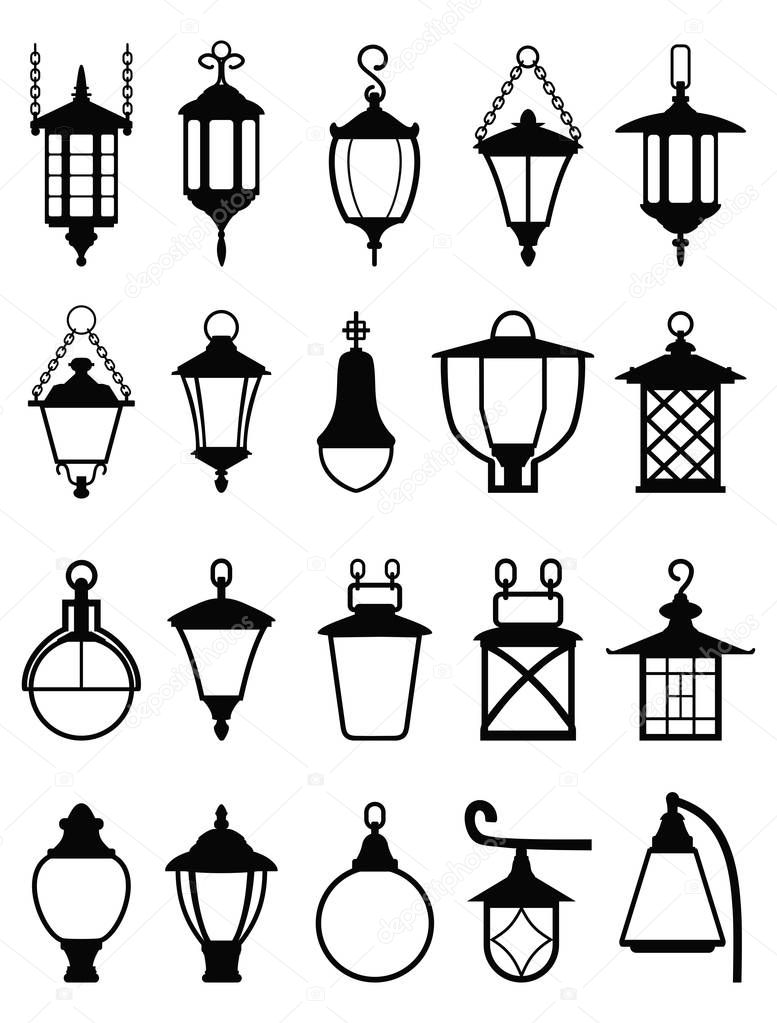 Set of different types of black silhouettes lamps. Vector illustration.