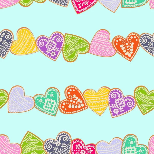 Original pattern of multi-colored gingerbread hearts. Vector Illusion — Stock Vector