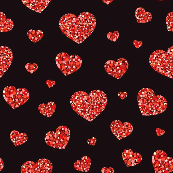 Seamless pattern with red shiny hearts on black background. Vector — Stock Vector
