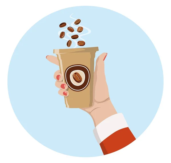 Icono de mano con taza de papel de café caliente. Ilustración vectorial — Vector de stock