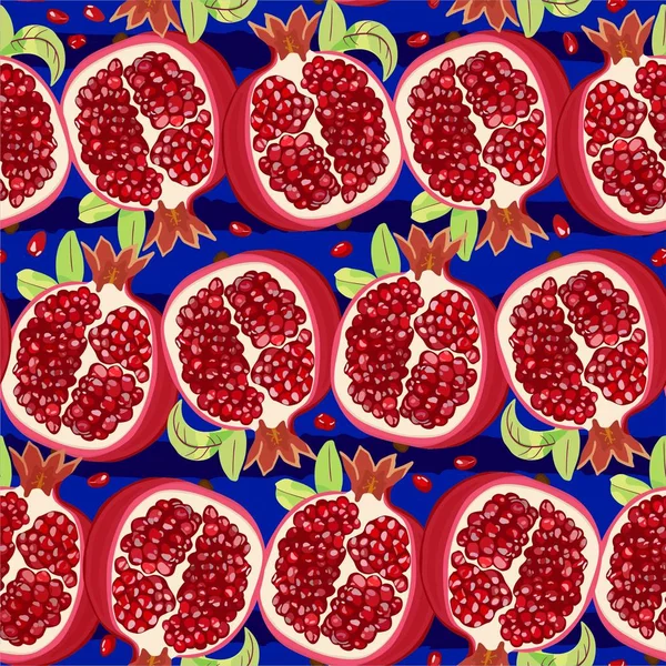 Juicy halves of pomegranate on blue background. Pattern. Vector illustration — Stock Vector