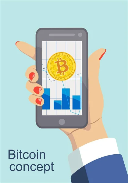 Concept of gold bitcoin on screen of mobile phone in hand. Vector — Stock Vector