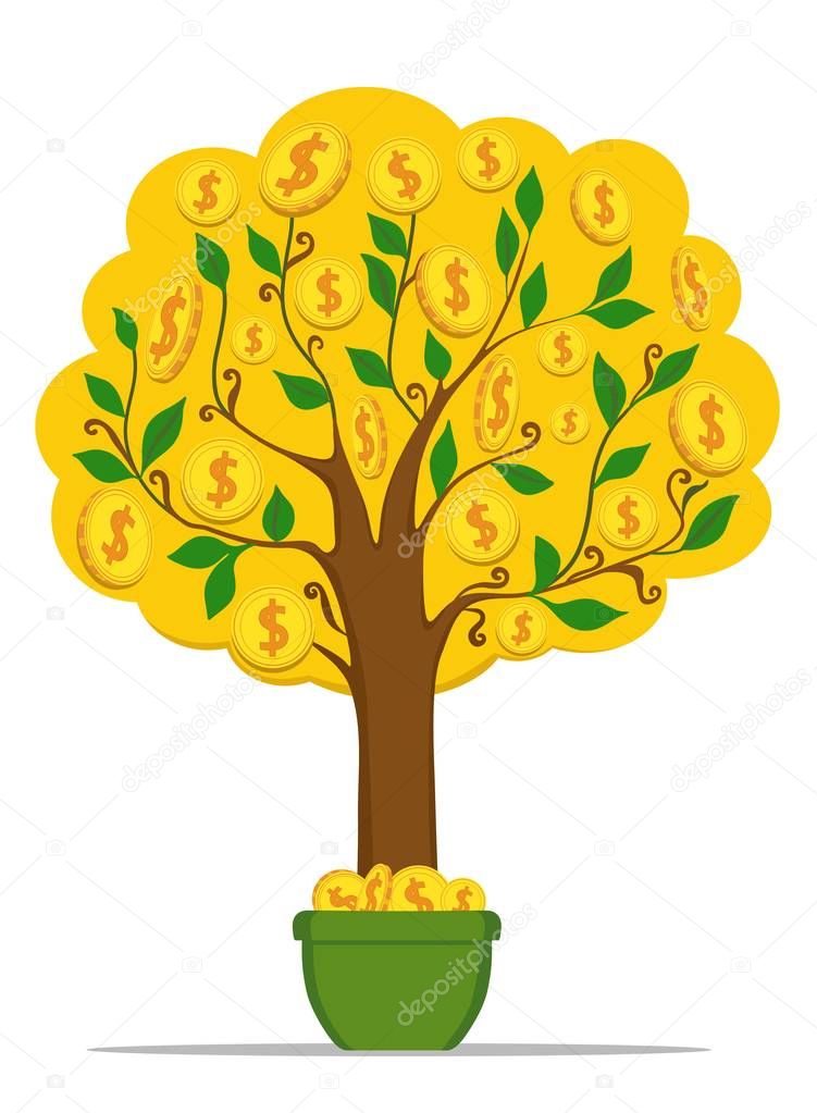 Money tree with gold coins dollars. Vector illustration.