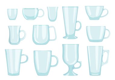 Cam bardak kahve ve çay içmeye kümesi. Vektör