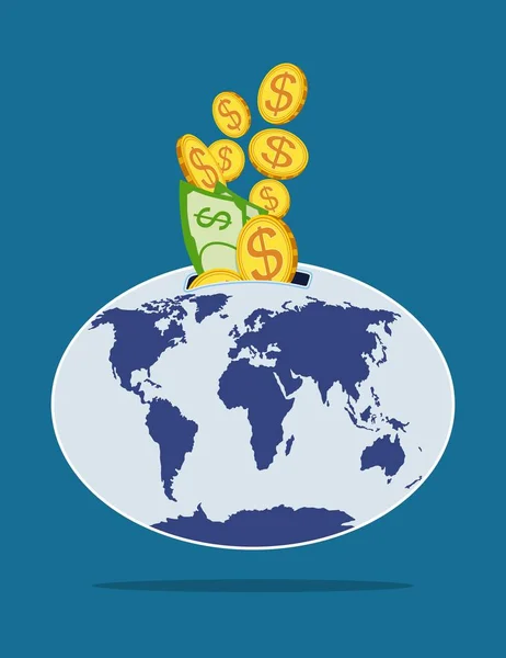 Pengar hälls i världen spargris. Vektorillustration — Stock vektor