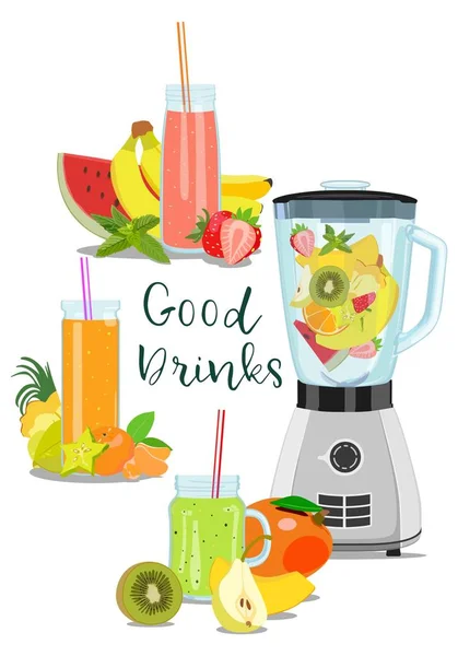 Frischer Saft und Smoothies in Gläsern und Mixer. Vektorillustration — Stockvektor