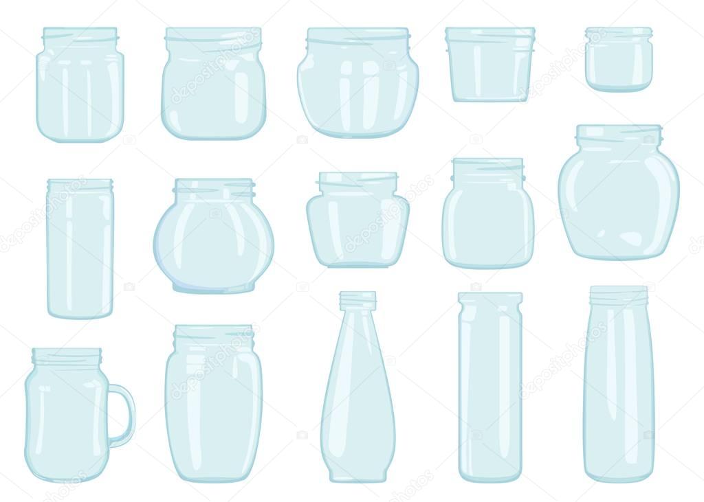 Set of transparent glass jars. Vector illustration.