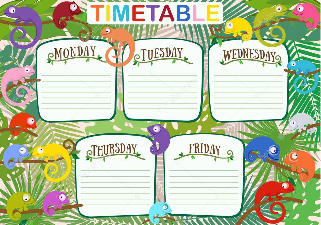 School schedule with cute chameleons. Vector illustration