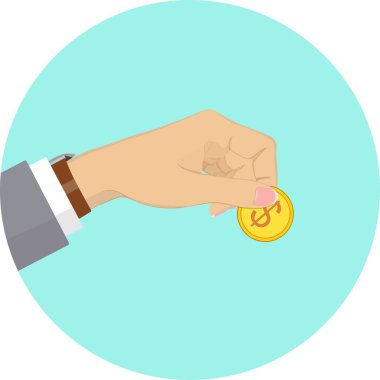 Dolar işareti olan altın sikke tutan el. Vektör çizim.