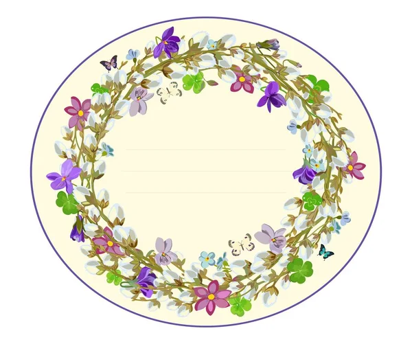 Congratulatory spring wreath with willow twigs and violets. Vector illustration.