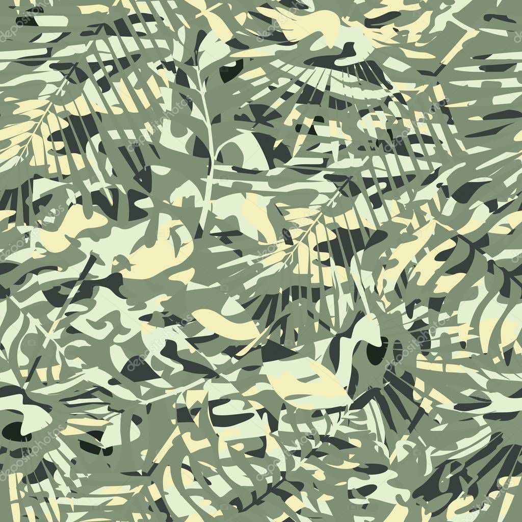 Vector pattern in green-yellow tones of forest foliage and tropical texture. Design of camouflage. Protective coat. Suitable for work clothes and upholstery fabrics.